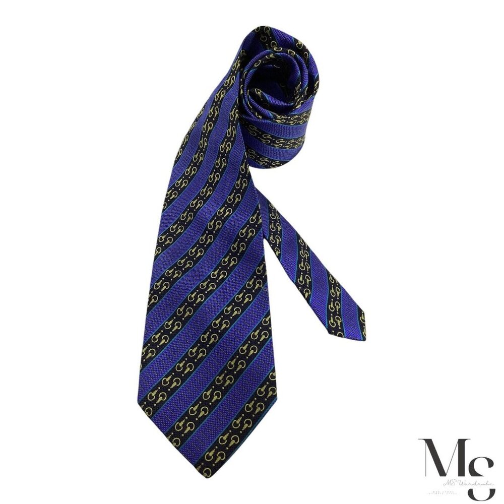 LANCEL PARIS XL Blue Striped With Snaffle Silk Tie Made In France W:3.5" EX COND